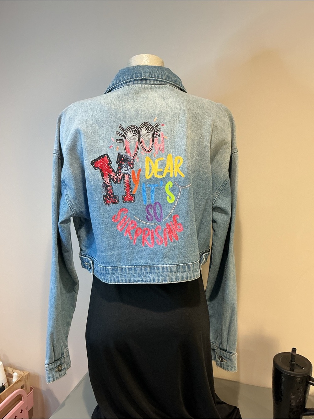 Q2 Premium Denim Cropped Graphic Zip Jacket, NWT various sizes